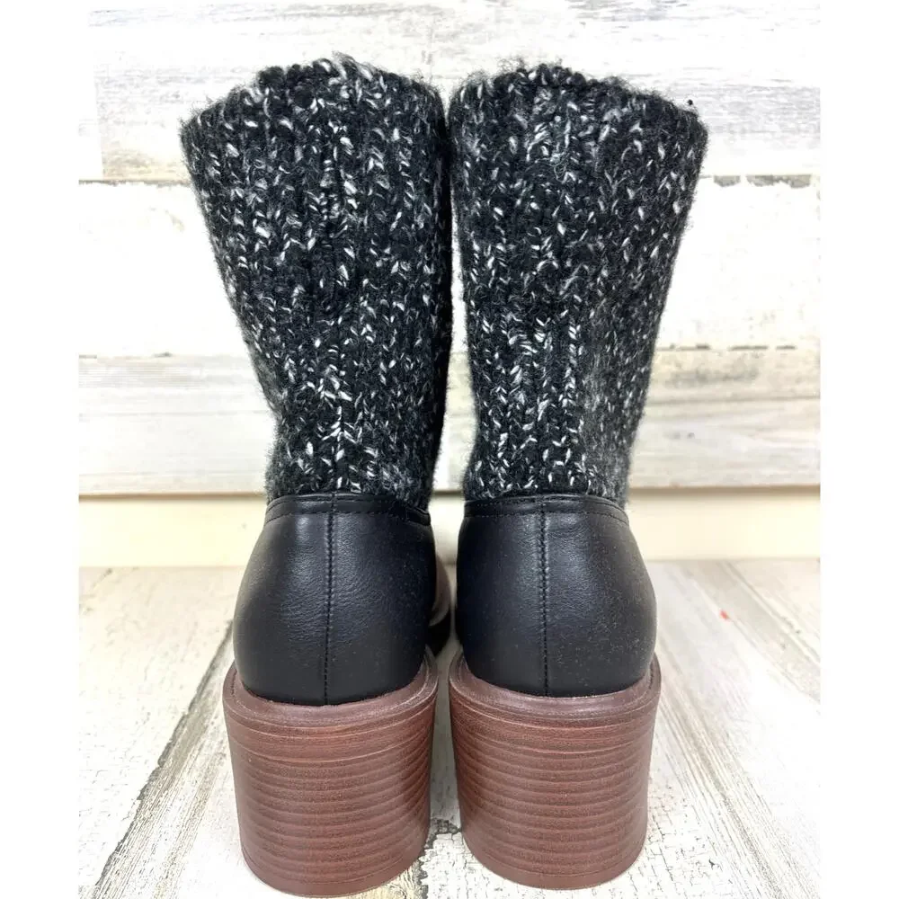 Portland Womens 10 Black Vegan Leather Knit Chelsea Heeled Ankle Boot NEW